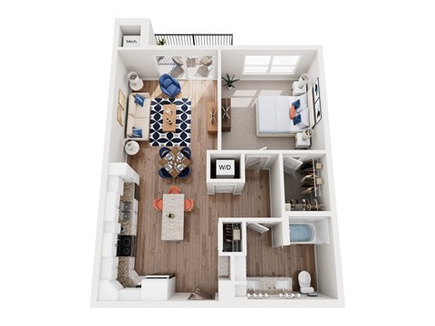 Floor plan for 1 bed, 1 bath, 852 sqft